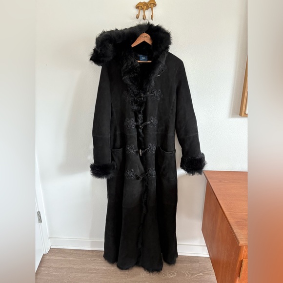 Vintage Ralph Lauren Black Shearling Fur Lamb Long Duffle Coat size Large - Picture 2 of 15